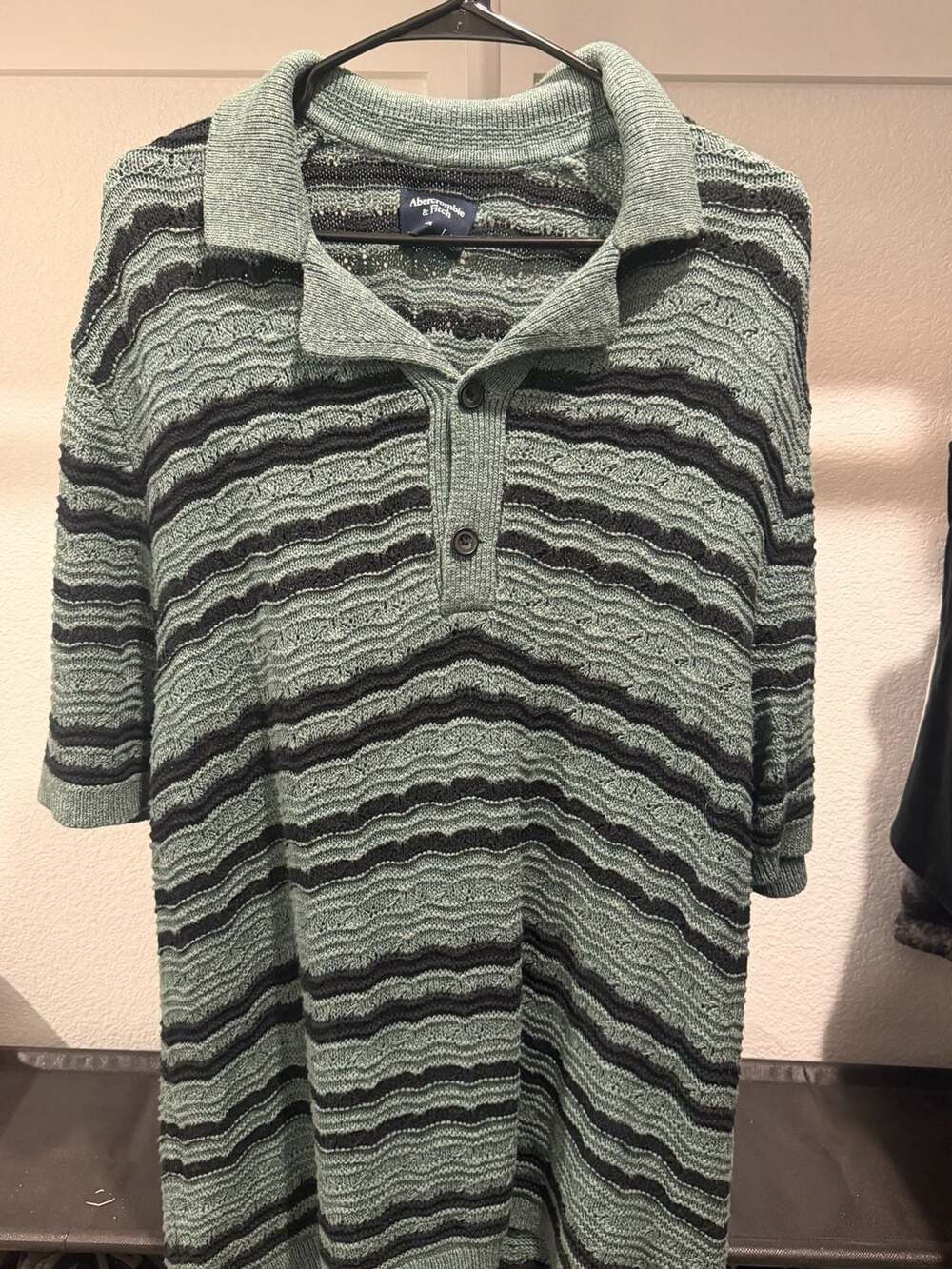 Abercrombie & Fitch Sweater Polo Size XL Green Black Striped Knit